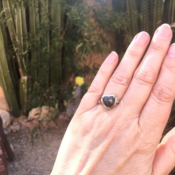 Burmese Black Jade Heart Ring .925 Type A RARE Sterling Silver - Picture 4 of 16